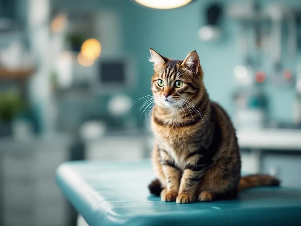 Katze auf dem Untersuchungstisch in einer modernen Tierarztpraxis